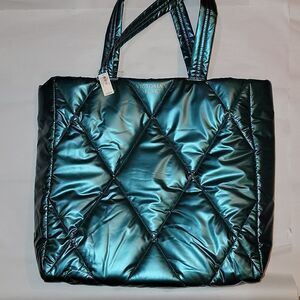 NWT Victoria's Secret Green Teal Quilted Puffer Tote Shopping Bag Handbag Purse